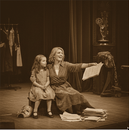 A sepia-toned theatre scene showing an older woman teaching a young girl, both holding scripts, with a theatre mask on the stage floor and an Emmy award statue in the background