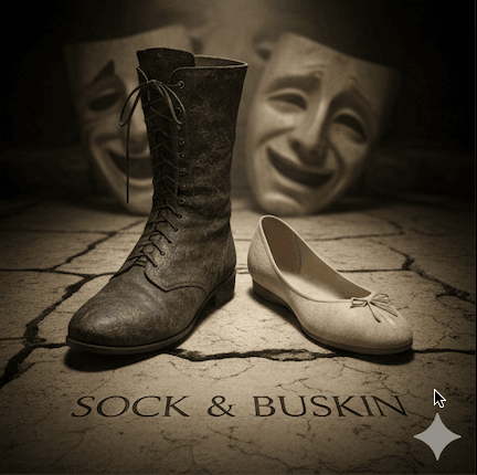 Close-up of a dark buskin boot and light ballet flat on cracked stone surface, with theatre masks visible in the blurred background